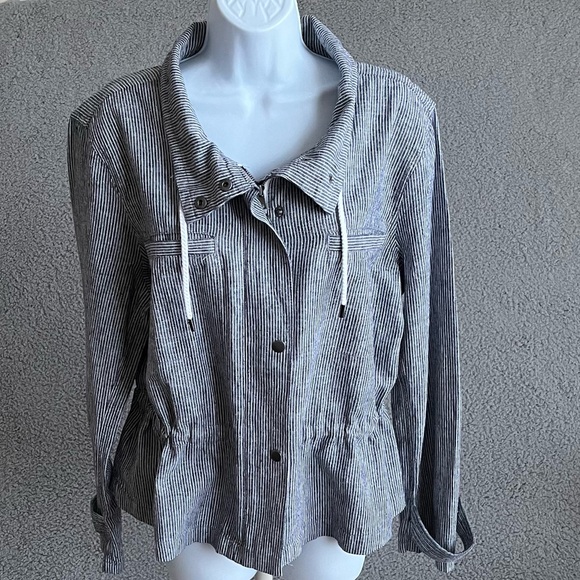 LOFT Stripe Jacket Blue & White Size Large Button Zipper Drawstring NWT - Picture 1 of 11